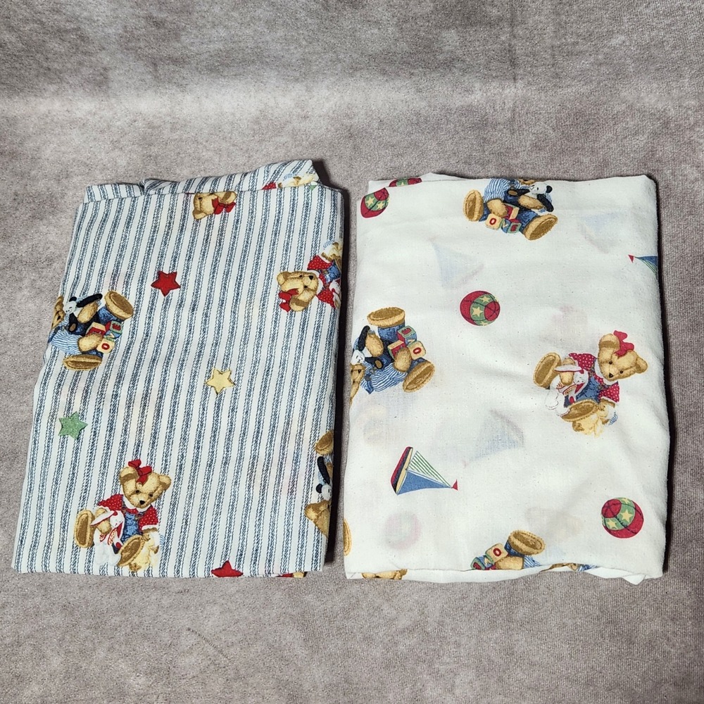 2 Pc‎ Lot Vintage Springmaid Crib Sheets Teddy Bear Blue Jean Stripe Nursery
